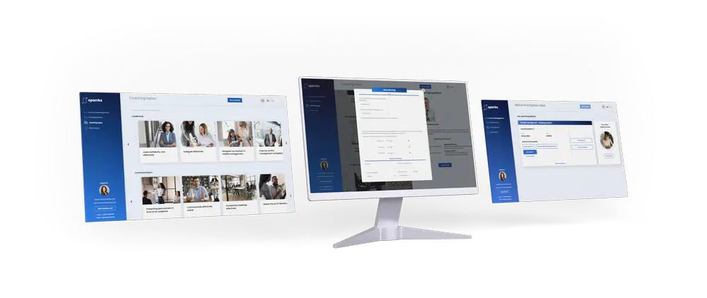 Drei Bildschirmansichten der digitalen Sparrks Coaching Plattform – Darstellung von Coaching-Auswahl, Buchung und Nutzeroberfläche in einem modernen, skalierbaren System für Führungskräfte Coaching.